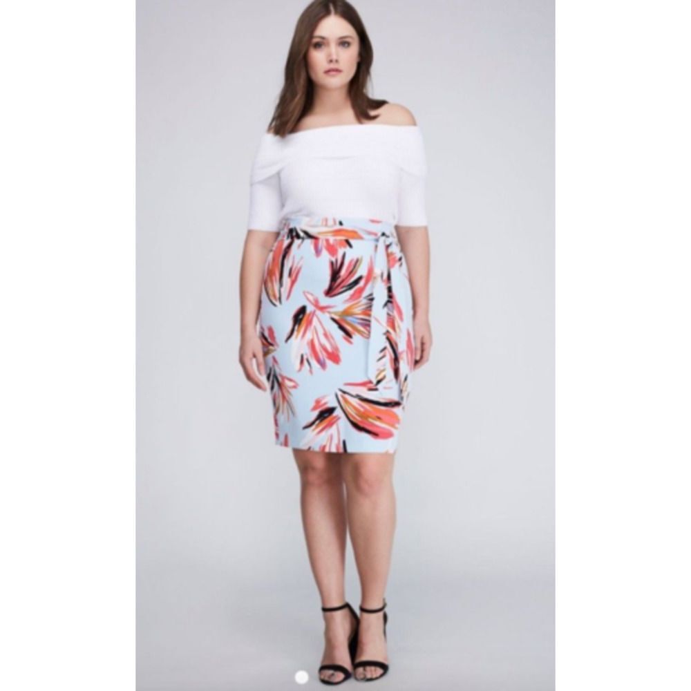 Lane Bryant Colorful Feather High-Waisted Knee Length Belted Pencil Skirt 14